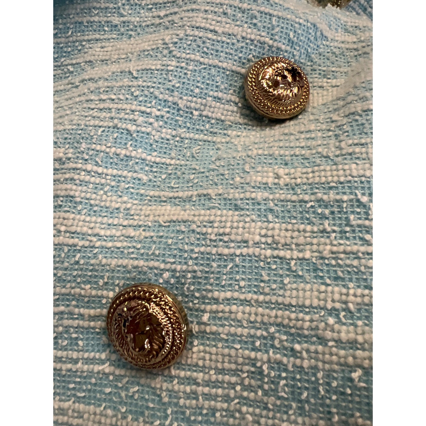Vintage-Style Light Blue Textured Double-Breasted Blazer Jacket With Gold Buttons Size XL Womens Fashion Outerwear Professional Dry Clean