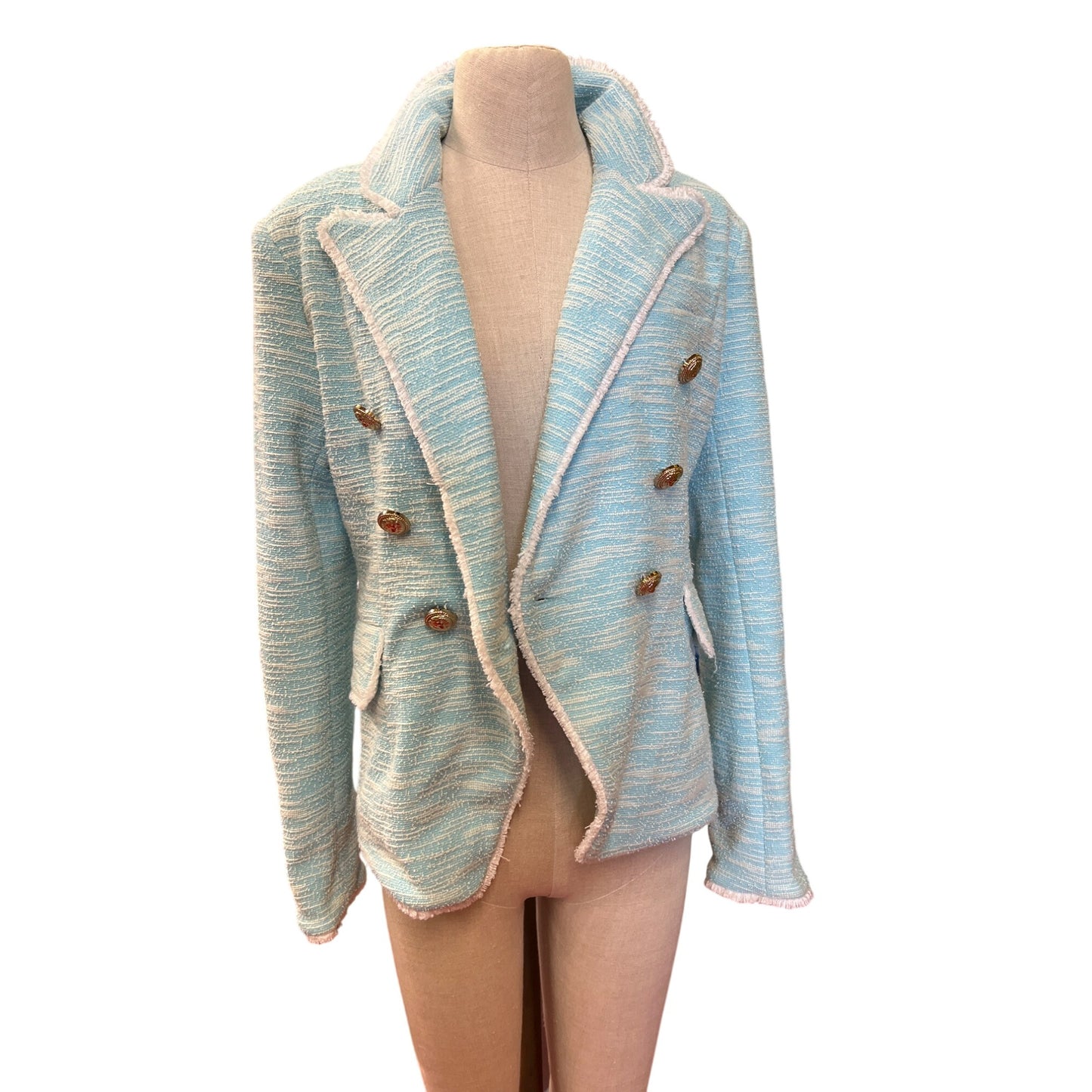 Vintage-Style Light Blue Textured Double-Breasted Blazer Jacket With Gold Buttons Size XL Womens Fashion Outerwear Professional Dry Clean