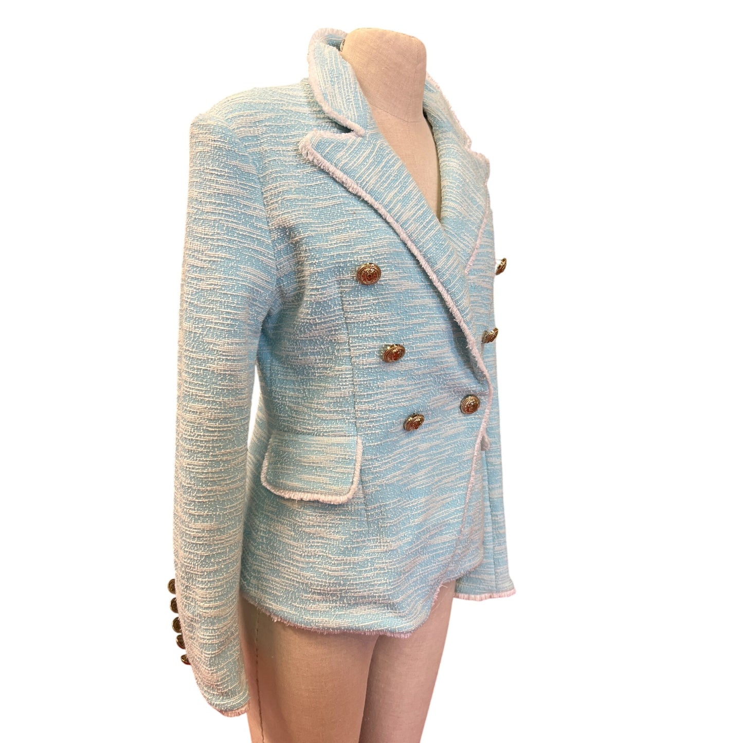 Vintage-Style Light Blue Textured Double-Breasted Blazer Jacket With Gold Buttons Size XL Womens Fashion Outerwear Professional Dry Clean