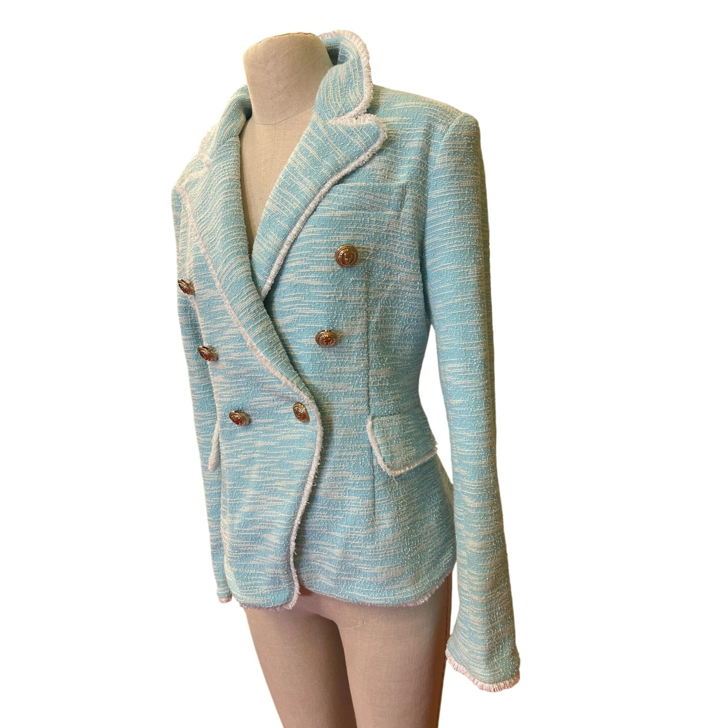 Vintage-Style Light Blue Textured Double-Breasted Blazer Jacket With Gold Buttons Size XL Womens Fashion Outerwear Professional Dry Clean