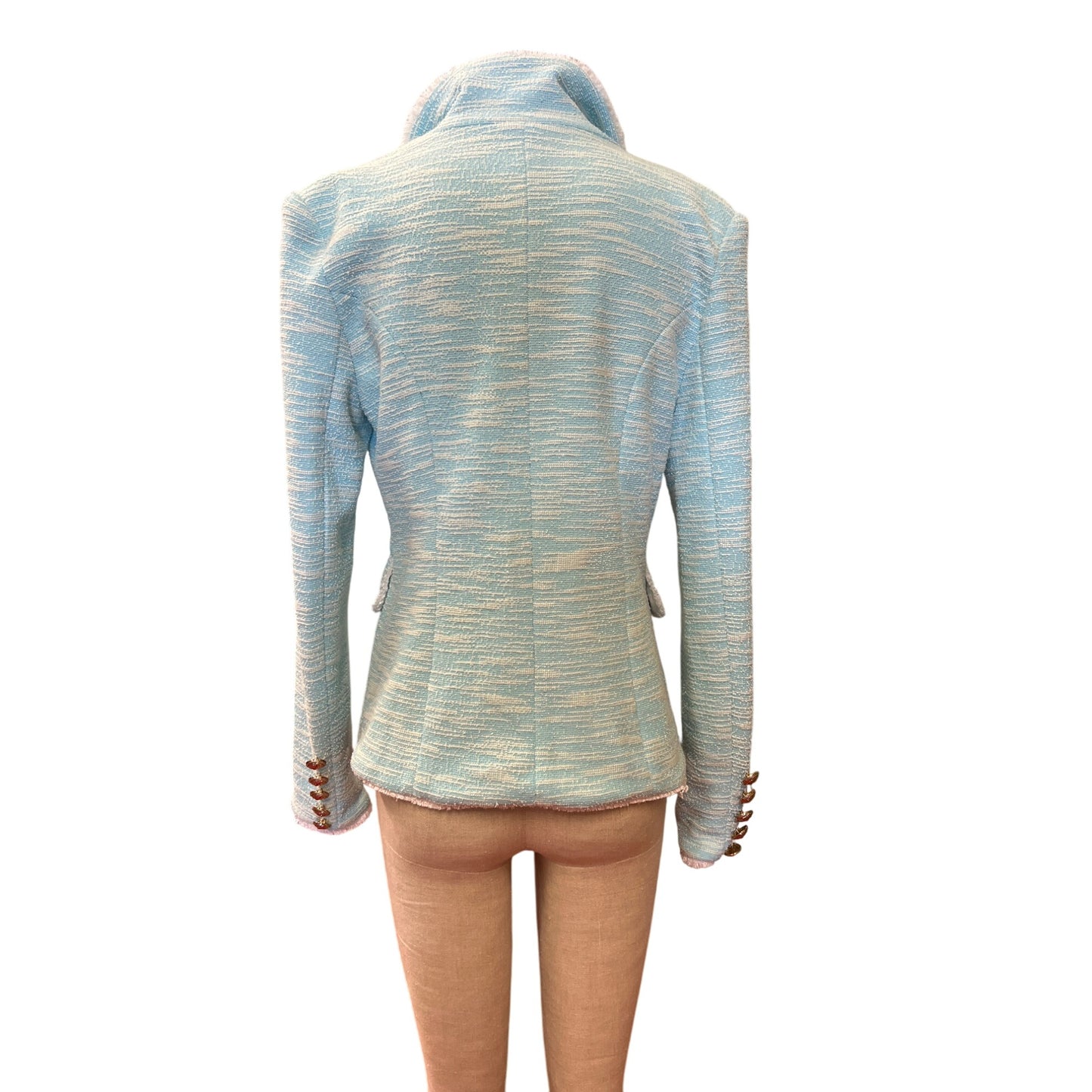 Vintage-Style Light Blue Textured Double-Breasted Blazer Jacket With Gold Buttons Size XL Womens Fashion Outerwear Professional Dry Clean