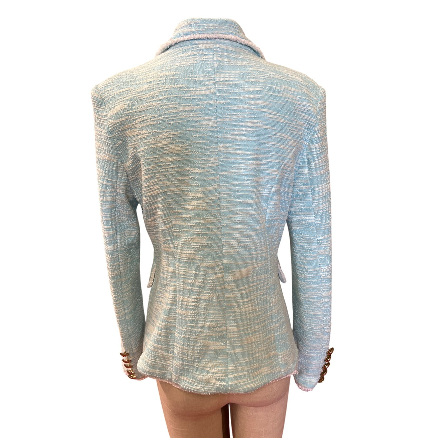 Vintage-Style Light Blue Textured Double-Breasted Blazer Jacket With Gold Buttons Size XL Womens Fashion Outerwear Professional Dry Clean