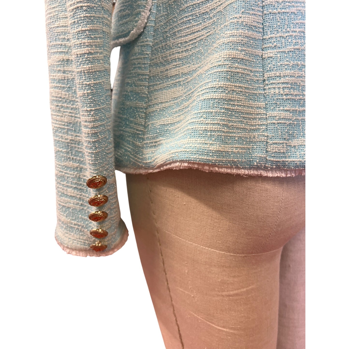 Vintage-Style Light Blue Textured Double-Breasted Blazer Jacket With Gold Buttons Size XL Womens Fashion Outerwear Professional Dry Clean