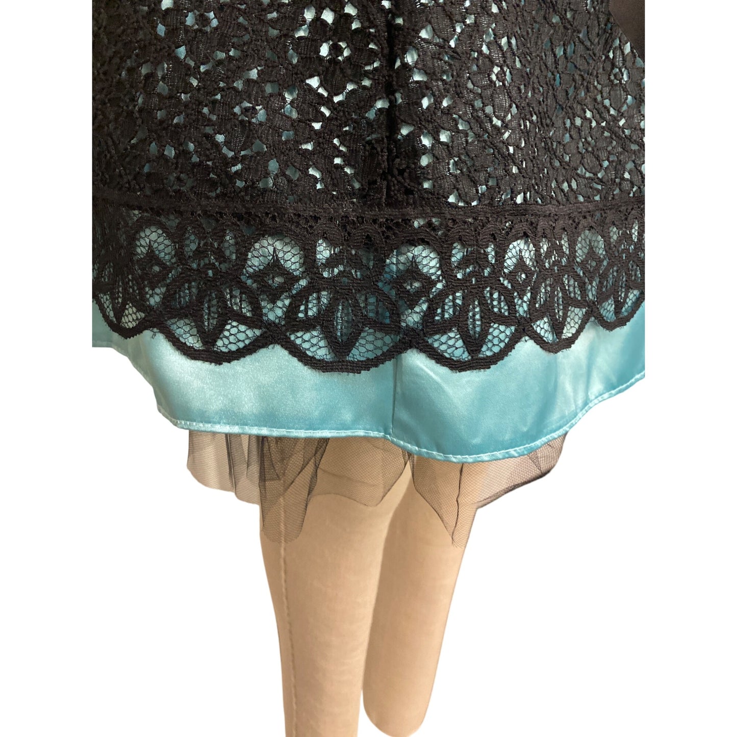 Jessica McClintock Gunne Sax Lace Overlay Dress Size 5/6 Black & Aqua Prom Cocktail Party