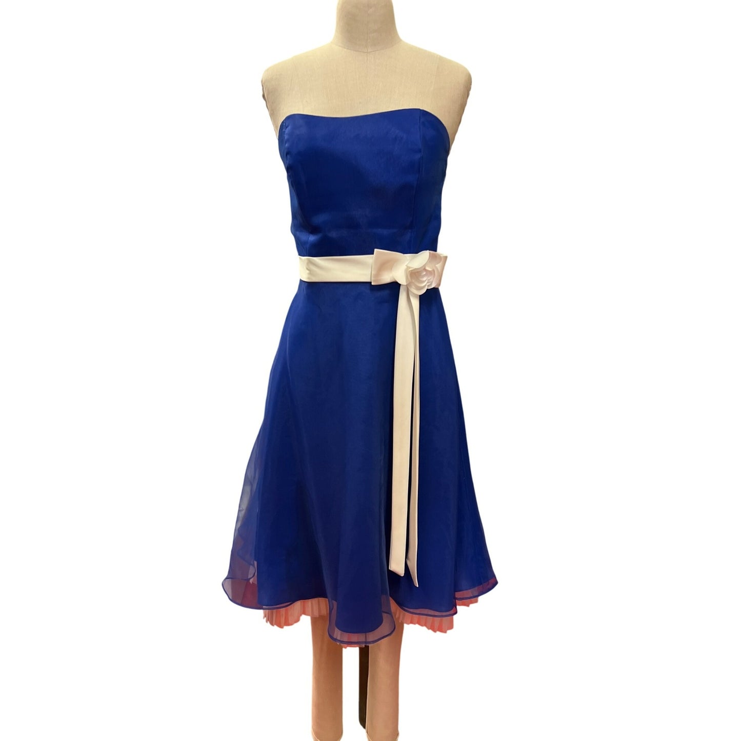 Alfred Angelo Strapless Blue Chiffon A-Line Dress Sash Rose Detail Bridesmaid Prom Homecoming Short Dress Cocktail Dance Party Formal Dress