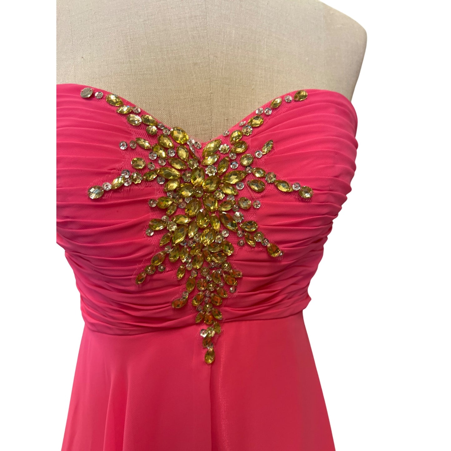Vintage The Cool Collection Strapless Pink Dress Ruched Big Sparkling Rhinestone Embellishments Flowy Long Skirt Elegant Formal Homecoming