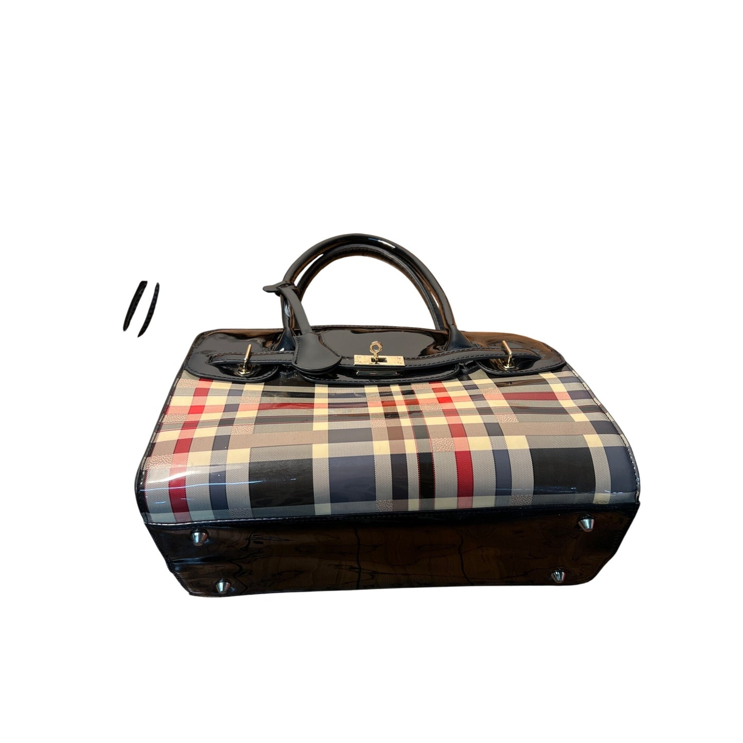 Plaid Patent Leather Large Satchel Carryall With Adjustable Strap And Zipper Closure