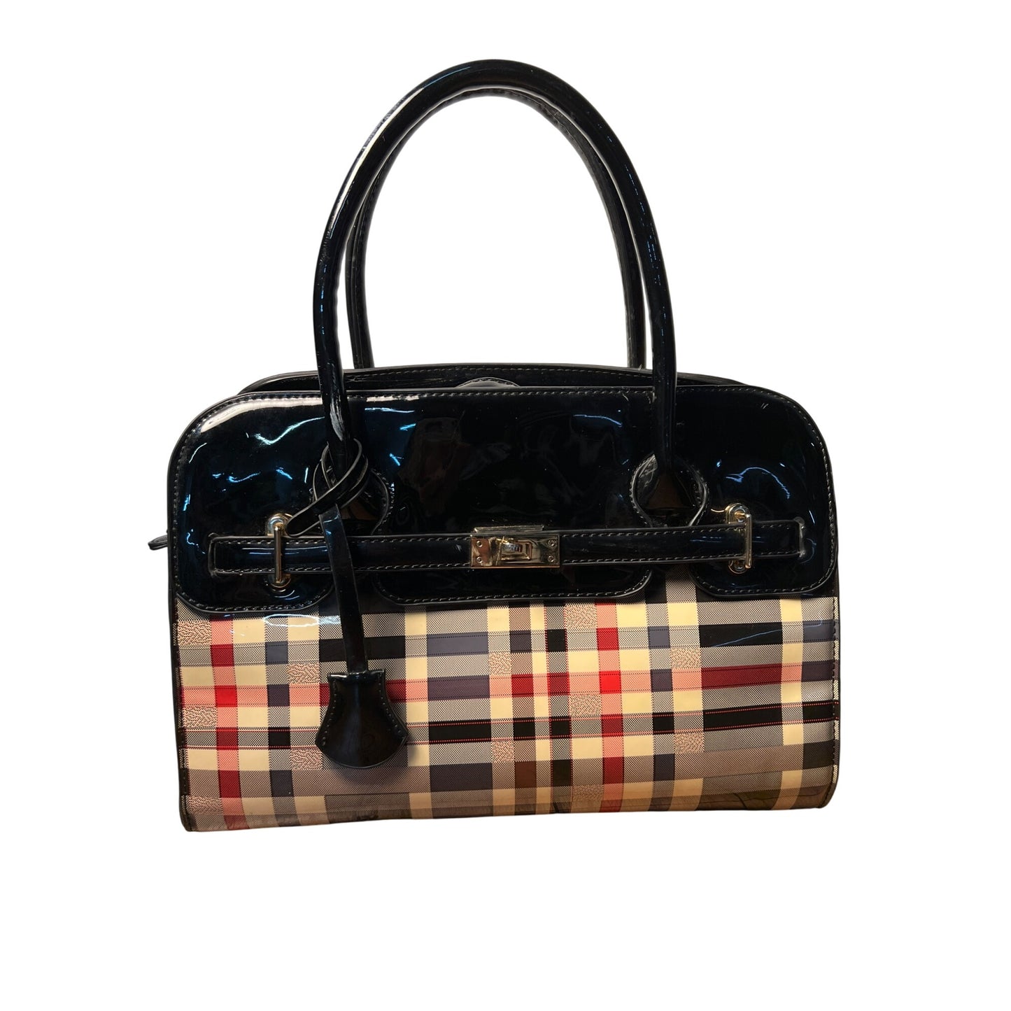 Plaid Patent Leather Large Satchel Carryall With Adjustable Strap And Zipper Closure
