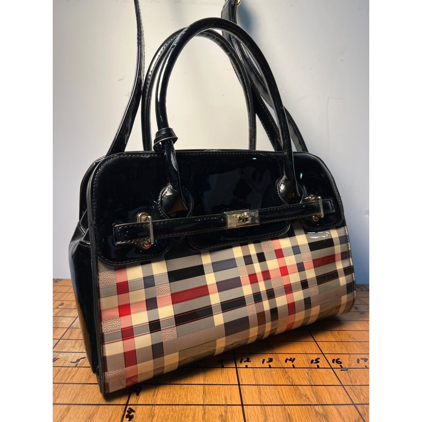 Plaid Patent Leather Large Satchel Carryall With Adjustable Strap And Zipper Closure