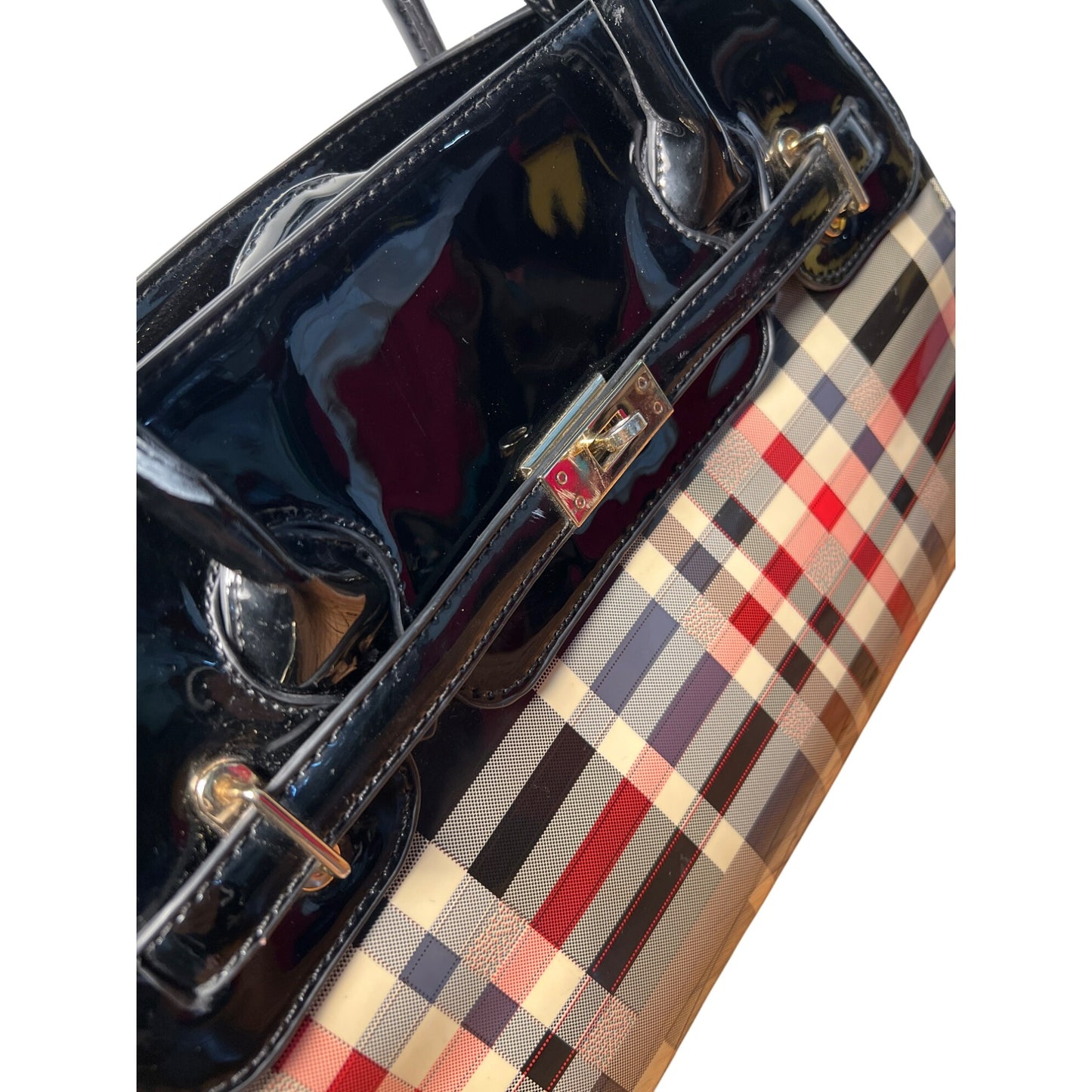 Plaid Patent Leather Large Satchel Carryall With Adjustable Strap And Zipper Closure