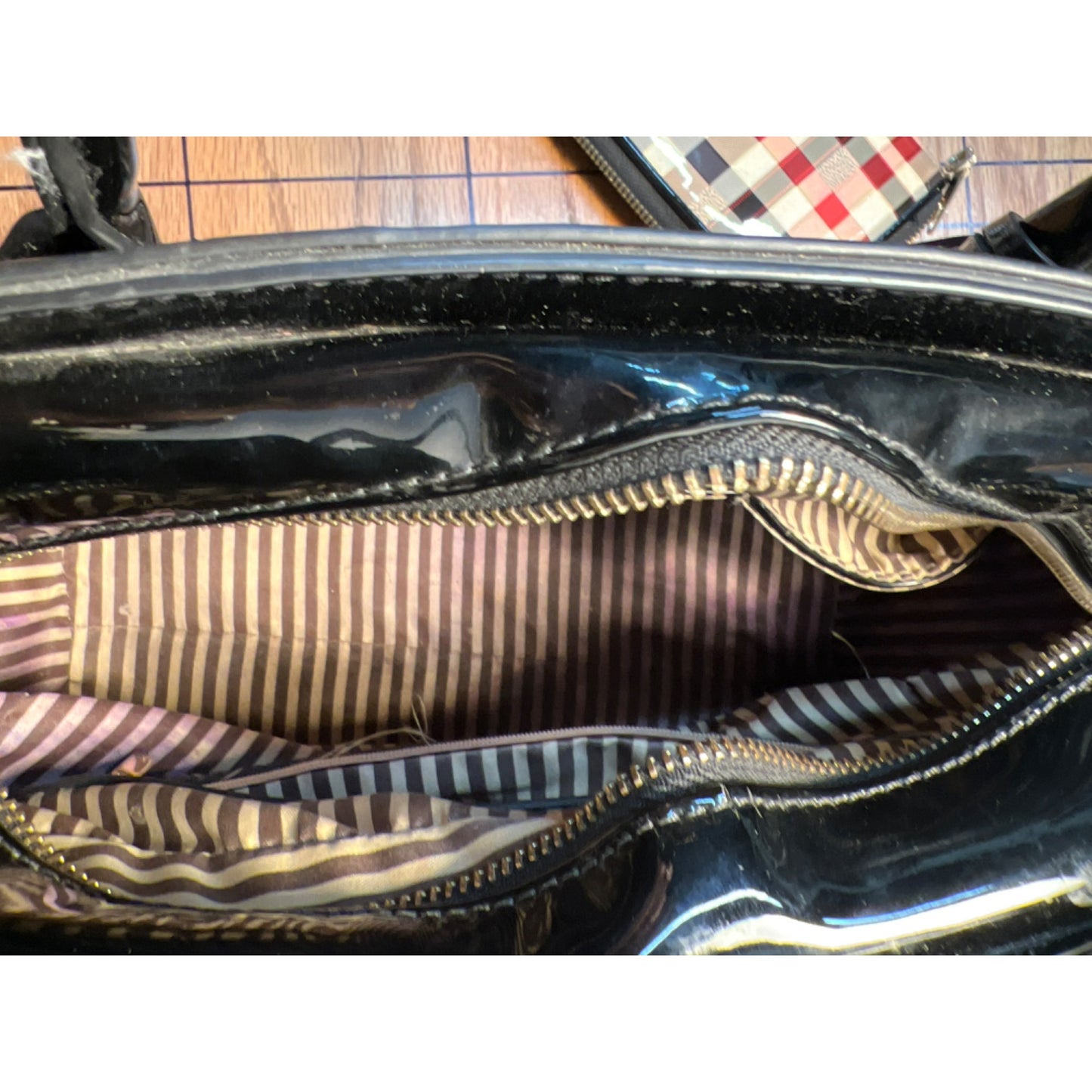 Plaid Patent Leather Large Satchel Carryall With Adjustable Strap And Zipper Closure