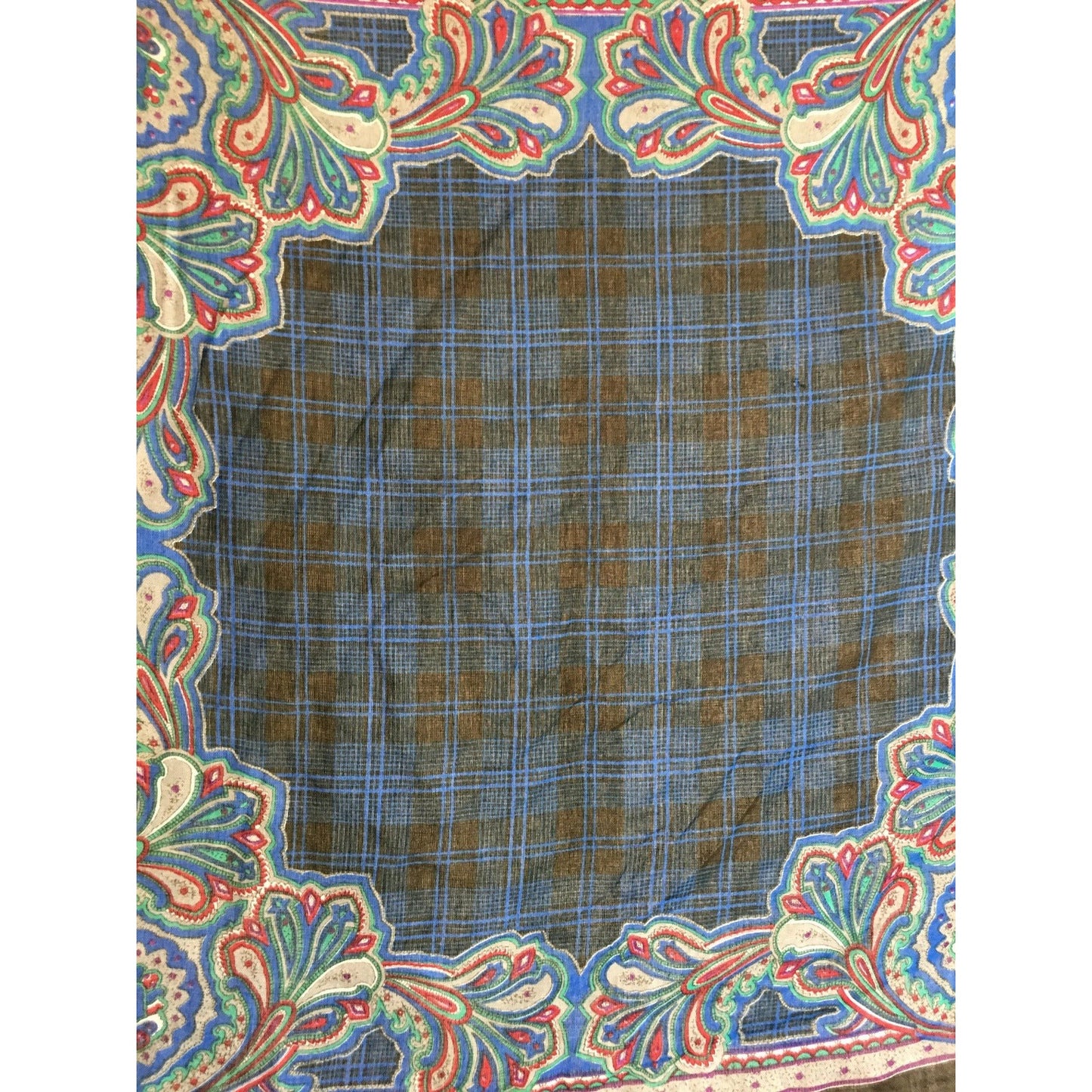 Vintage Paisley Plaid Square Scarf 30" X 30" Multicolor Lightweight Fabric