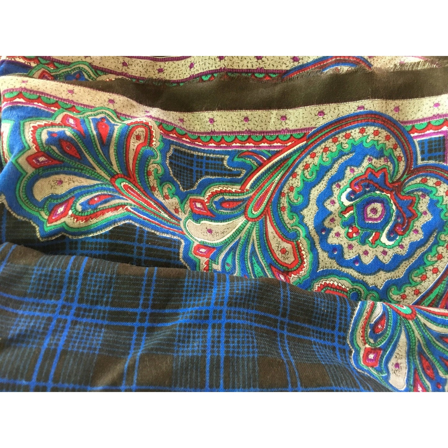 Vintage Paisley Plaid Square Scarf 30" X 30" Multicolor Lightweight Fabric