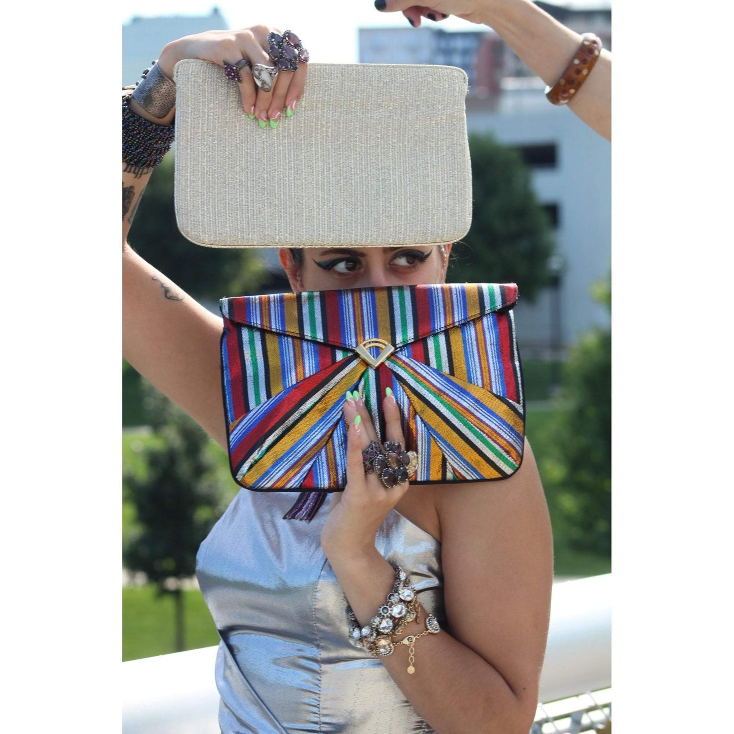Golden Lurex Clutch Crossbody Textile Bag Golden Metal Shoulder Strap Vintage Accessory