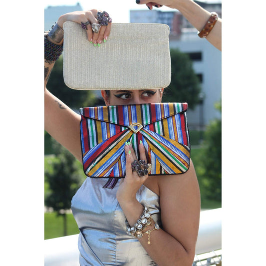 Golden Lurex Clutch Crossbody Textile Bag Golden Metal Shoulder Strap Vintage Accessory