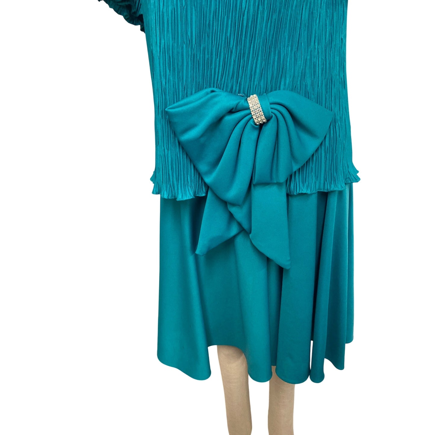 Vintage After Dark Teal Green Pleated Dress With Bow Accent & Rhinestone Detail Retro