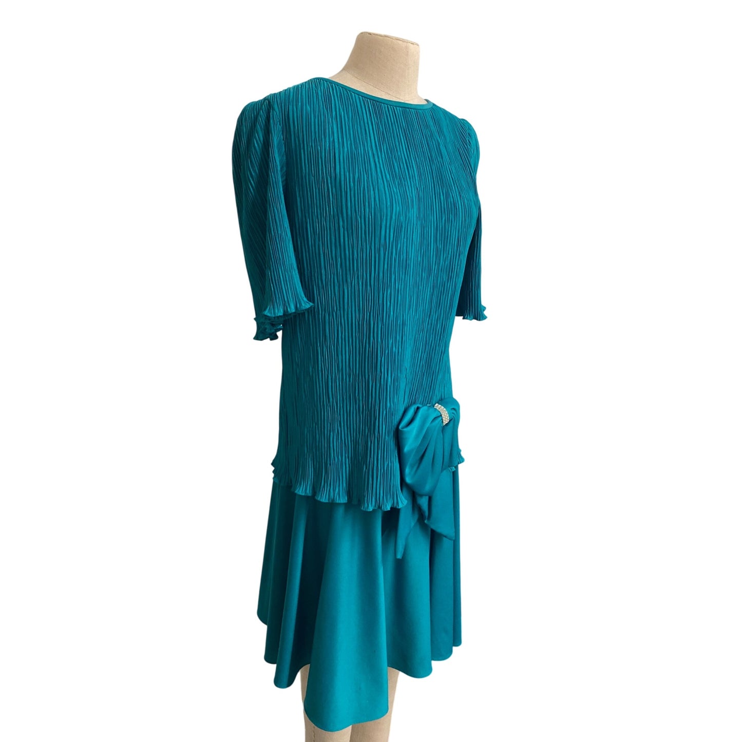 Vintage After Dark Teal Green Pleated Dress With Bow Accent & Rhinestone Detail Retro