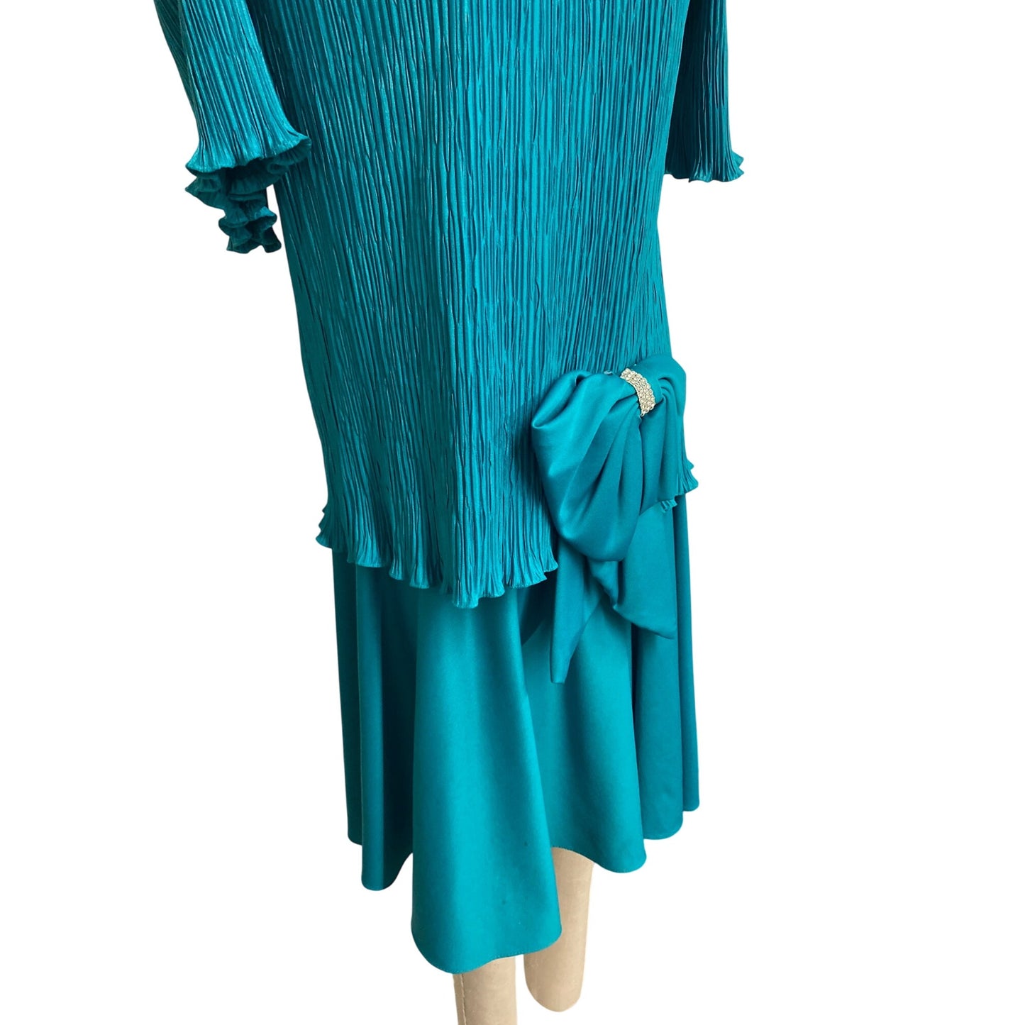 Vintage After Dark Teal Green Pleated Dress With Bow Accent & Rhinestone Detail Retro