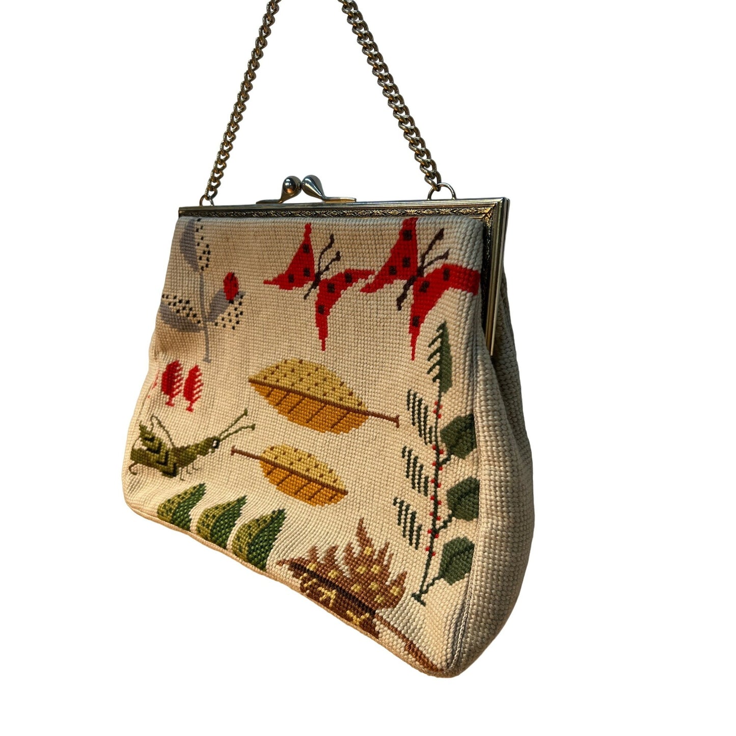 Vintage Christine Custom Bags Handmade Needlepoint Chain Handle Evening Purse Nature Inspired Design Leaves Butterflies Grasshoppers