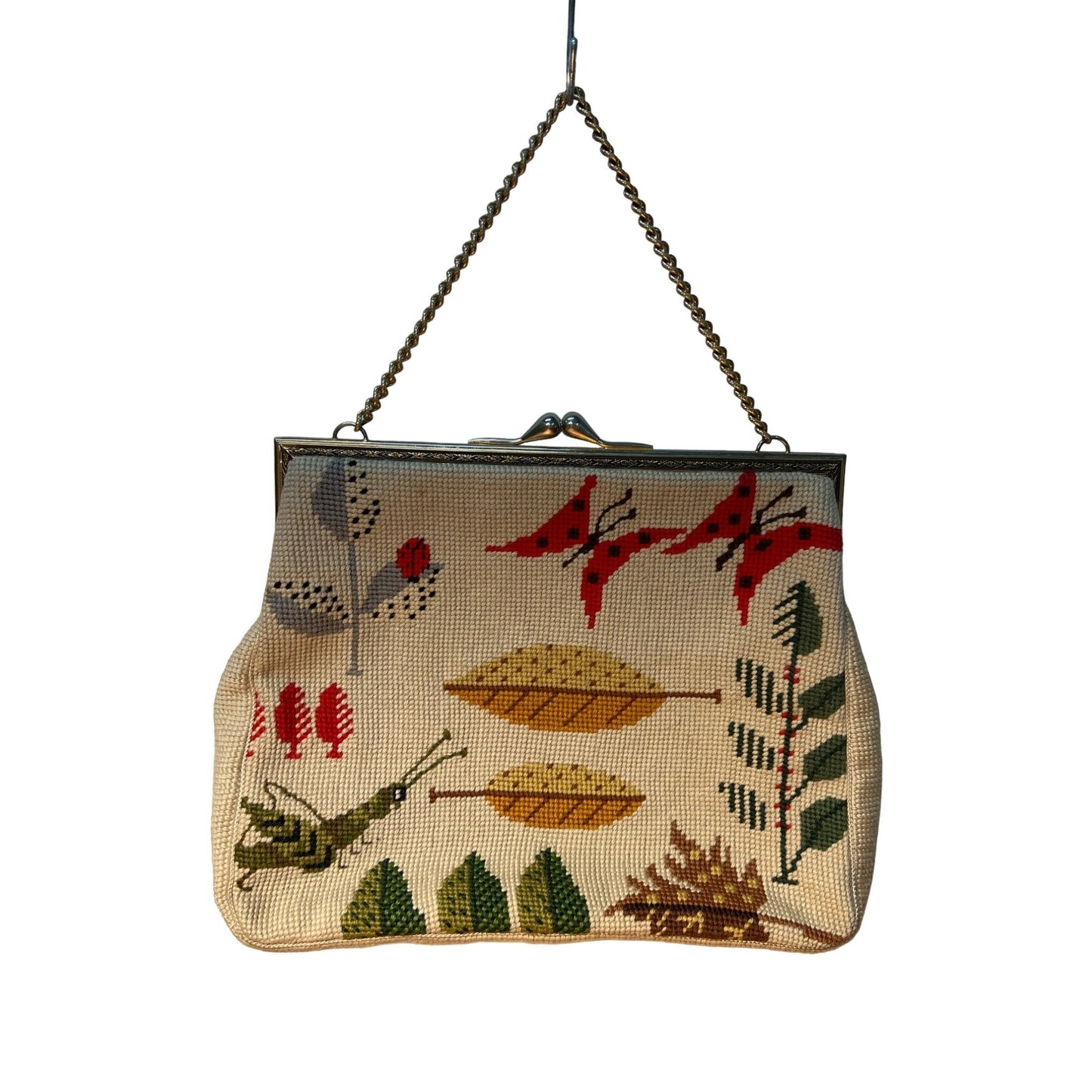 Vintage Christine Custom Bags Handmade Needlepoint Chain Handle Evening Purse Nature Inspired Design Leaves Butterflies Grasshoppers