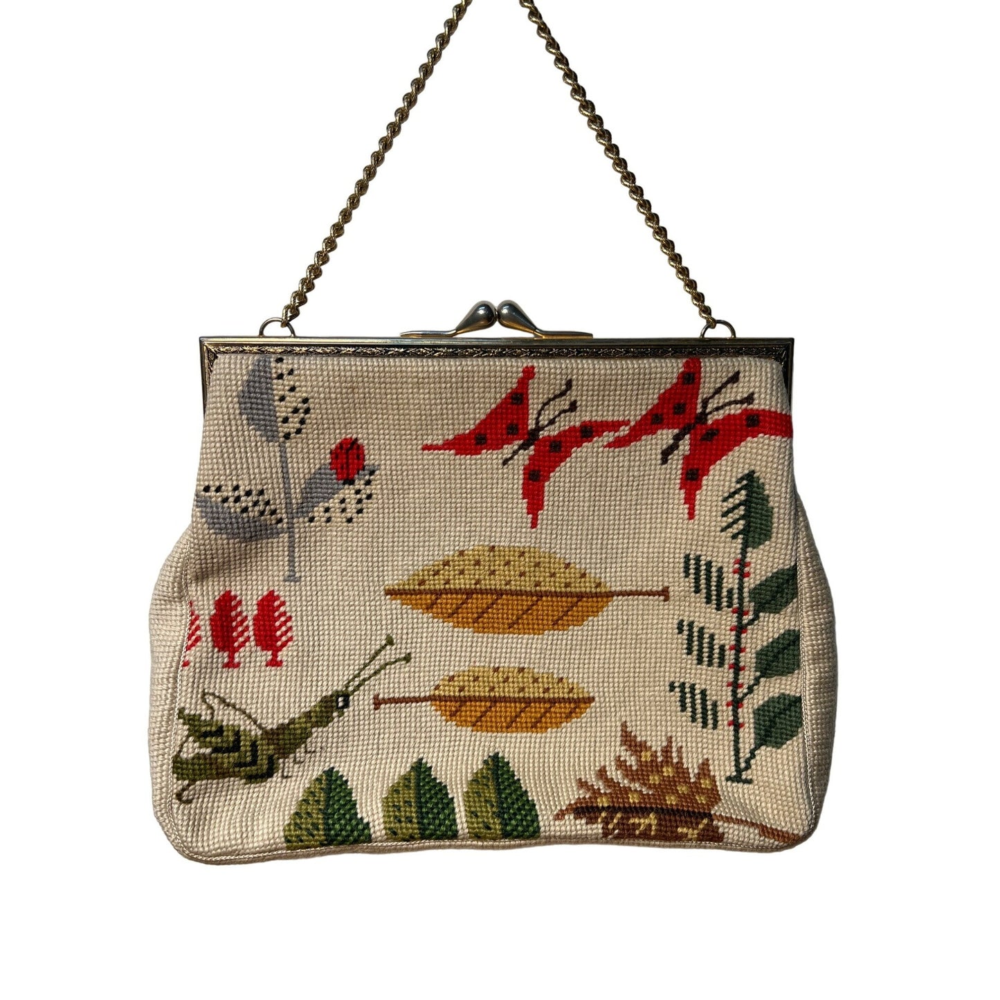 Vintage Christine Custom Bags Handmade Needlepoint Chain Handle Evening Purse Nature Inspired Design Leaves Butterflies Grasshoppers