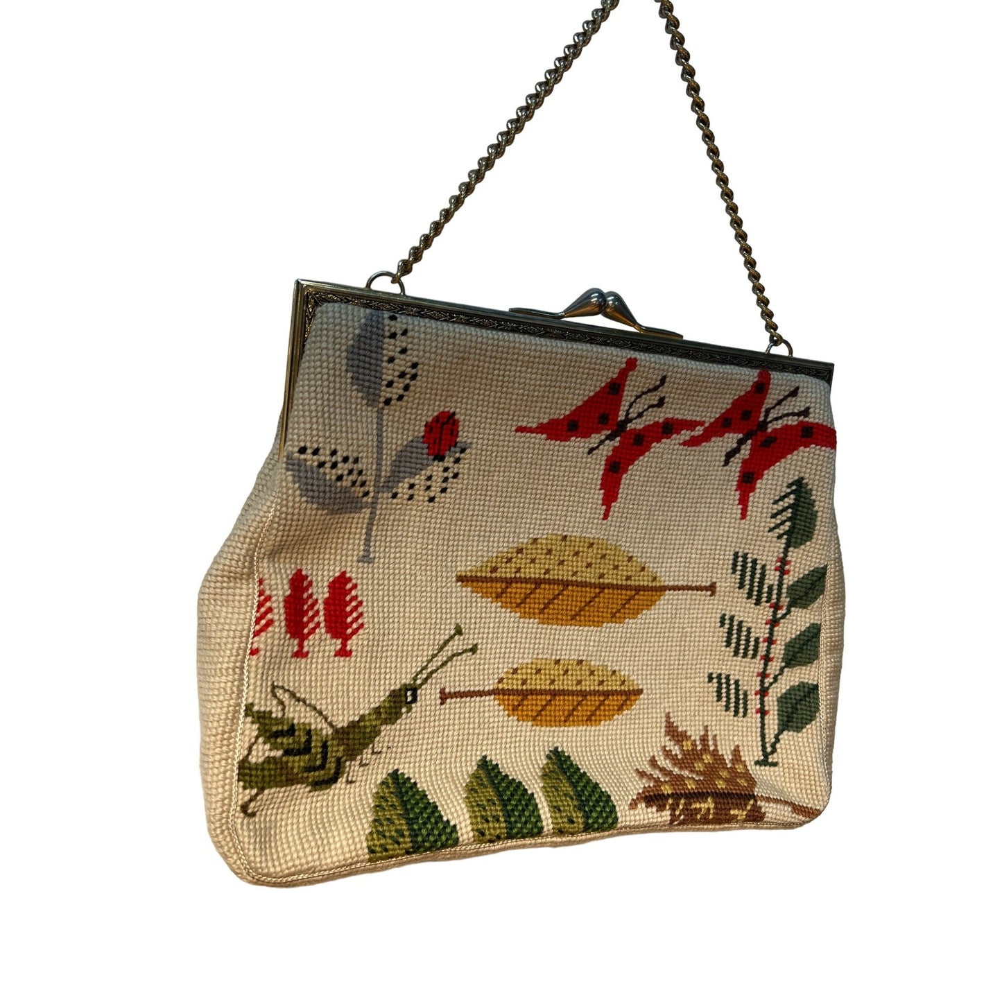 Vintage Christine Custom Bags Handmade Needlepoint Chain Handle Evening Purse Nature Inspired Design Leaves Butterflies Grasshoppers