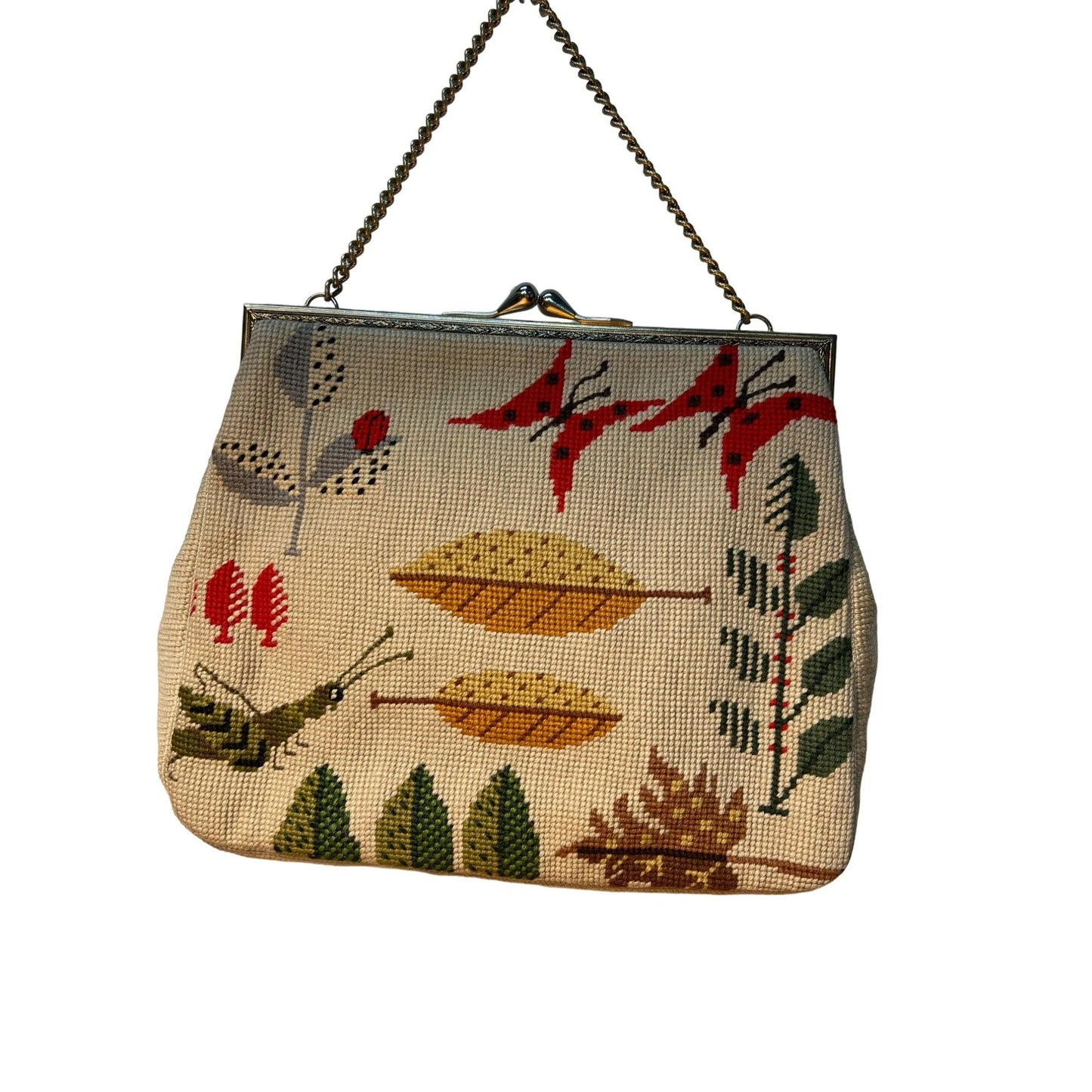 Vintage Christine Custom Bags Handmade Needlepoint Chain Handle Evening Purse Nature Inspired Design Leaves Butterflies Grasshoppers