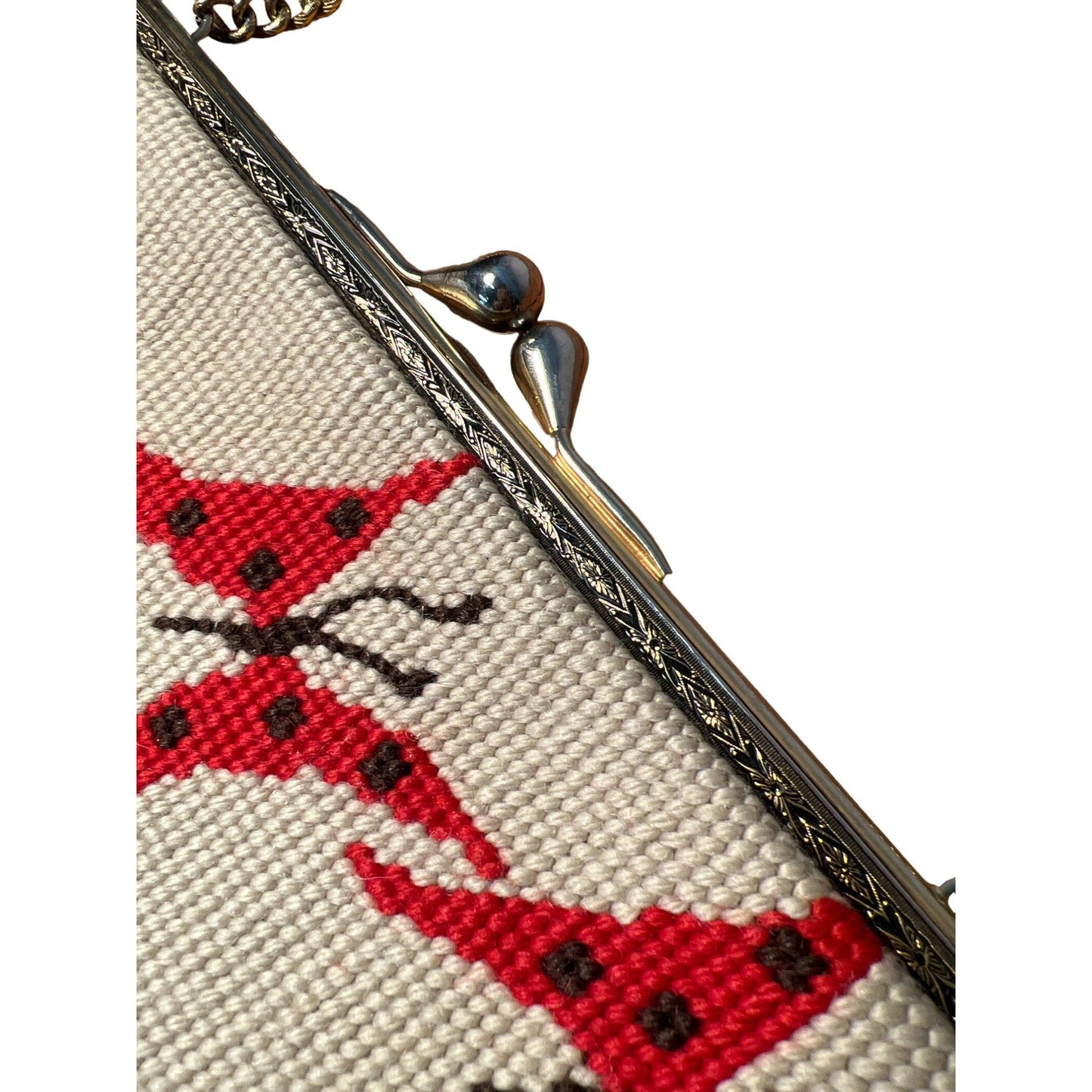 Vintage Christine Custom Bags Handmade Needlepoint Chain Handle Evening Purse Nature Inspired Design Leaves Butterflies Grasshoppers