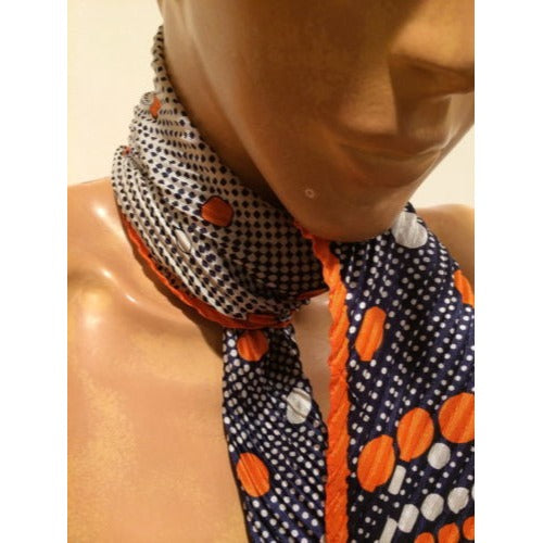 Vintage 1970s Italian Acetate Scarf Headband Navy Orange Polka Dot Rectangular Design Accaessory