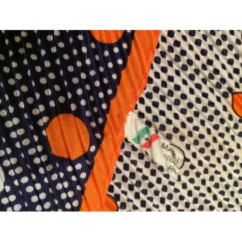 Vintage 1970s Italian Acetate Scarf Headband Navy Orange Polka Dot Rectangular Design Accaessory