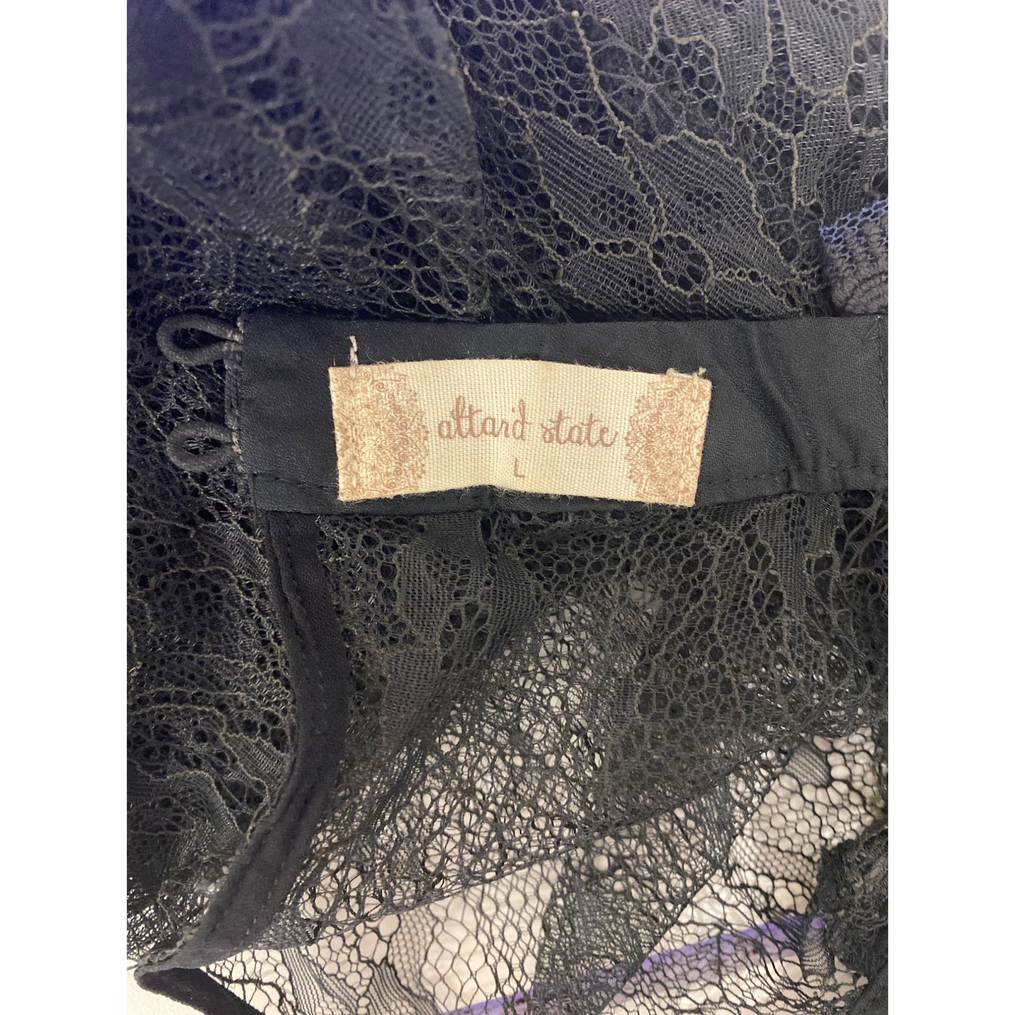 Altar’d State Black Lace Bell Sleeve Top With Scalloped Trim & Keyhole Neck