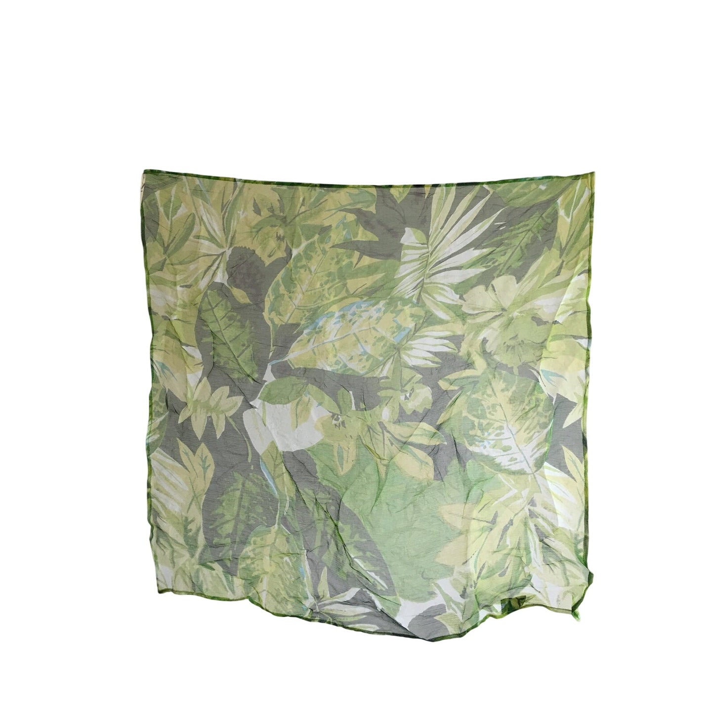 Green Tropical Leaf Print Square Scarf All Rayon Lightweight By Rising Tide 26"x26" Made In India