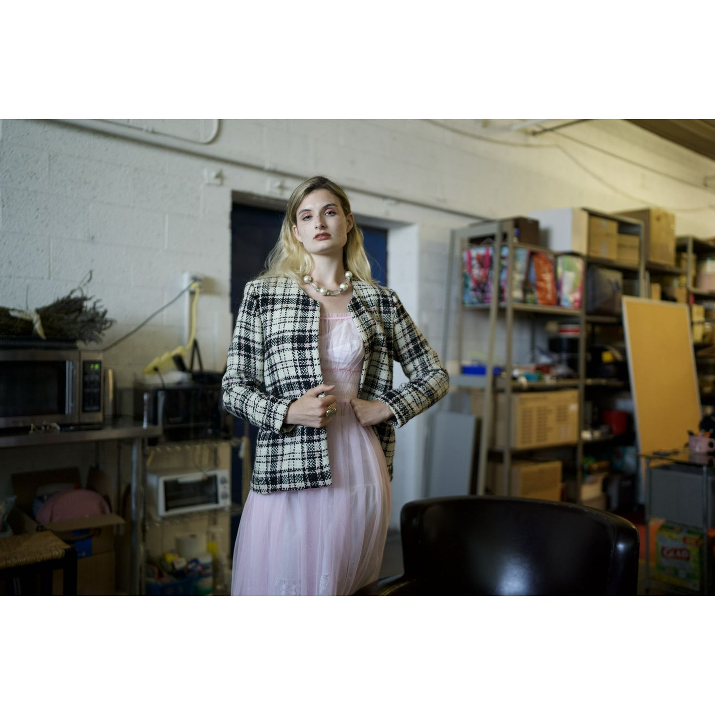Vintage Herve Benard Collection Plaid Tweed Jacket Pink Black Cream Wool Blazer Outerwear Top