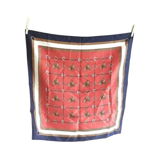Vintage Equestrian Horse Print Scarf Acetate Twill Hand Rolled Edge Red Blue Navy Square 26" Japan