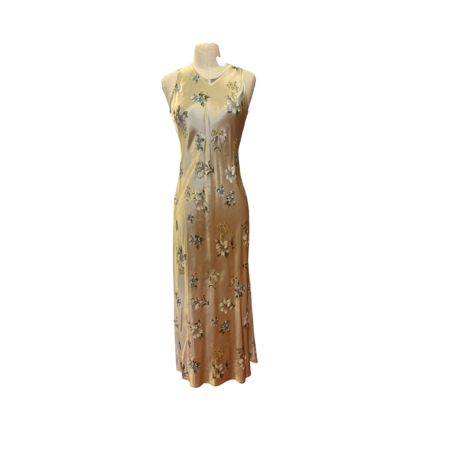 Vintage Annex Casual Corner Floral Metallic Satin Sleeveless Maxi Midi Maxi Dress Keyhole Back Prom Homecoming Bridal Dress