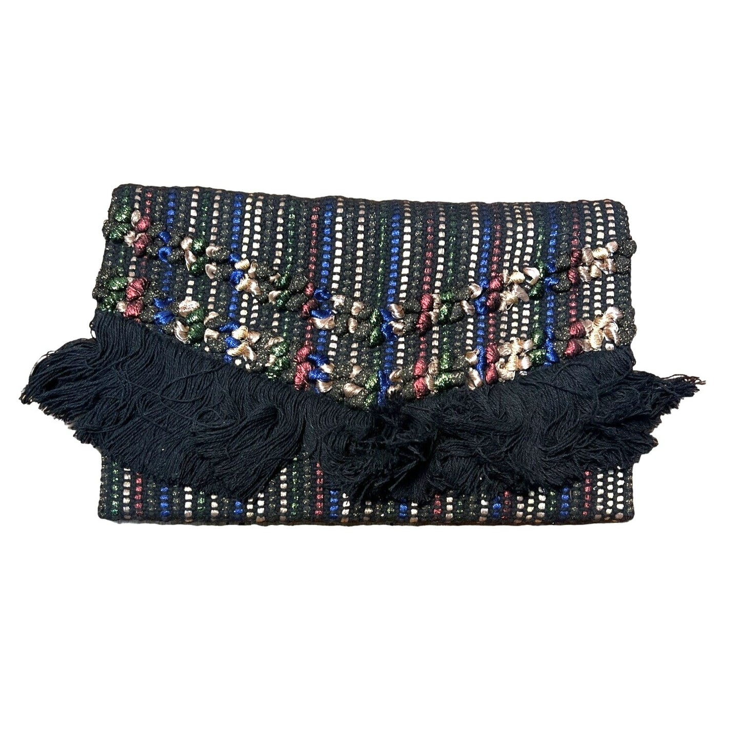 Stella and Dot Handwoven Boho Chic Fringe Foldover Clutch Purse With Multicolor Stripes & Bead Detailing
