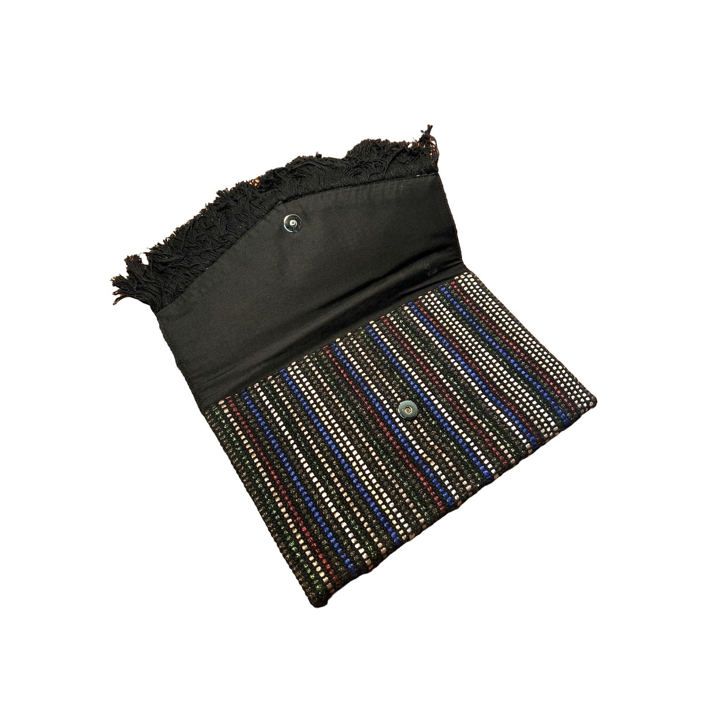 Stella and Dot Handwoven Boho Chic Fringe Foldover Clutch Purse With Multicolor Stripes & Bead Detailing