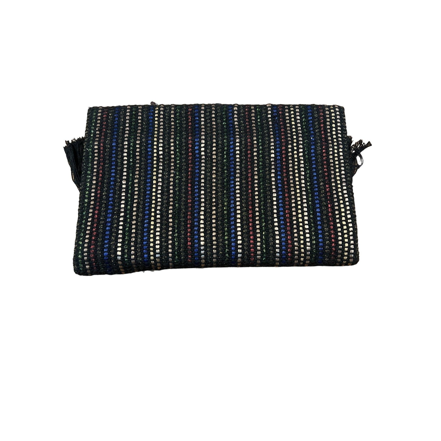 Stella and Dot Handwoven Boho Chic Fringe Foldover Clutch Purse With Multicolor Stripes & Bead Detailing