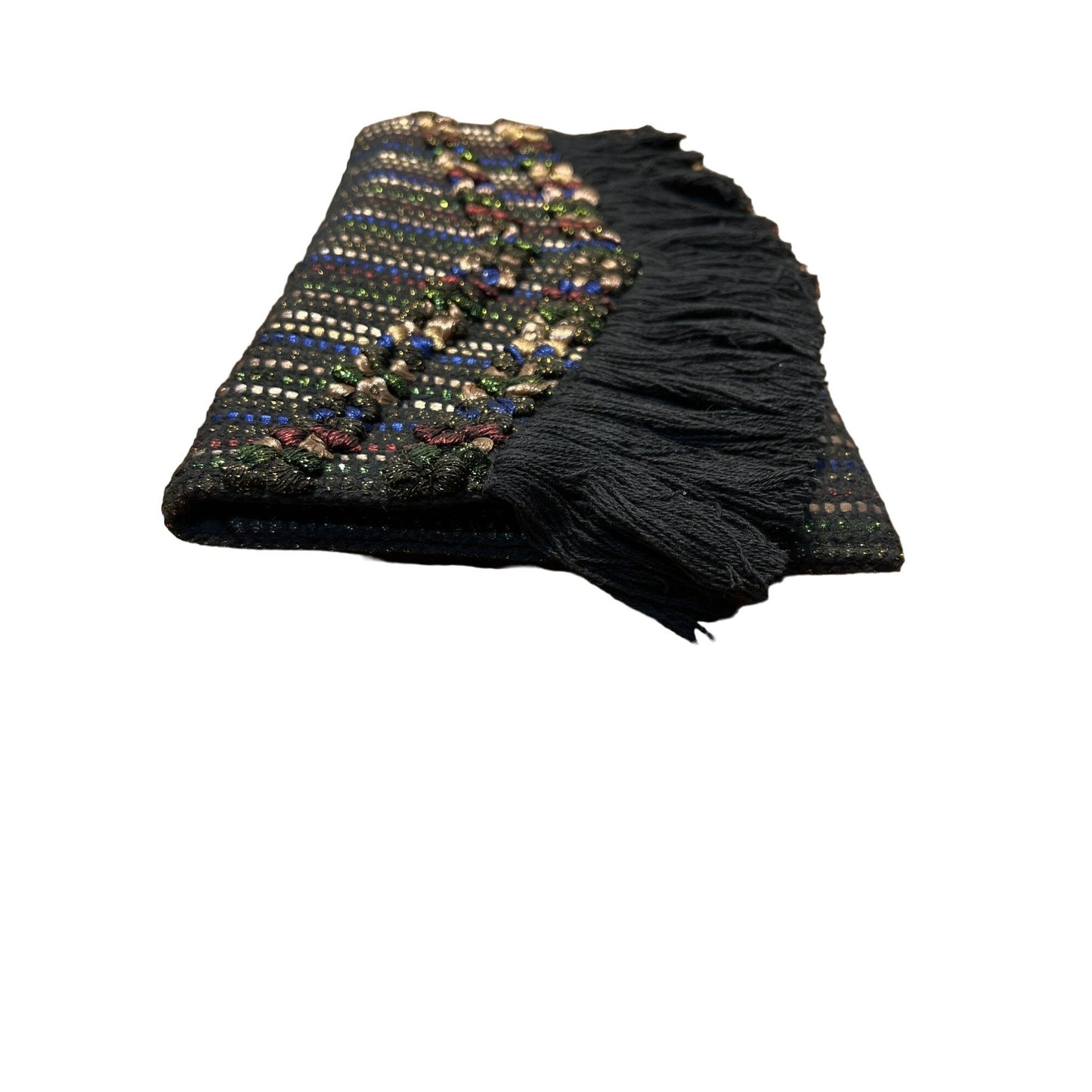 Stella and Dot Handwoven Boho Chic Fringe Foldover Clutch Purse With Multicolor Stripes & Bead Detailing