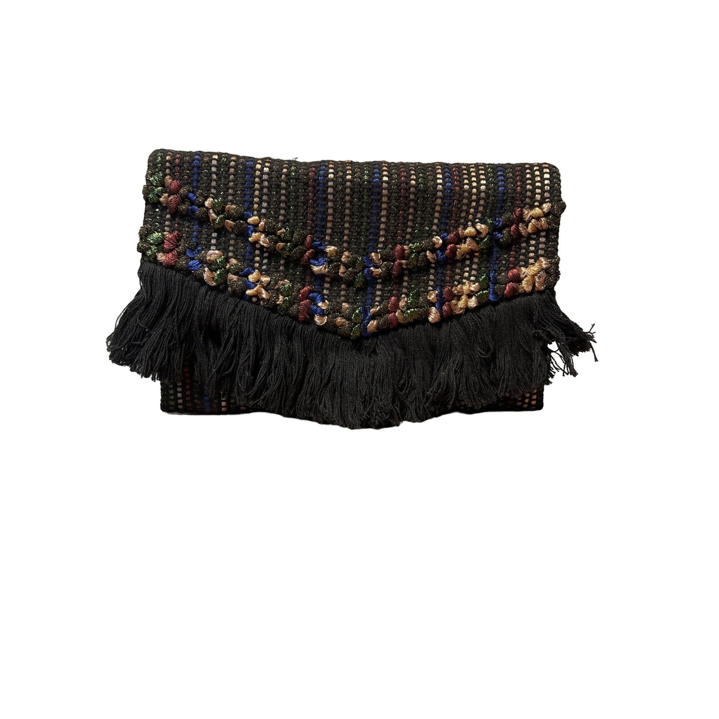 Stella and Dot Handwoven Boho Chic Fringe Foldover Clutch Purse With Multicolor Stripes & Bead Detailing