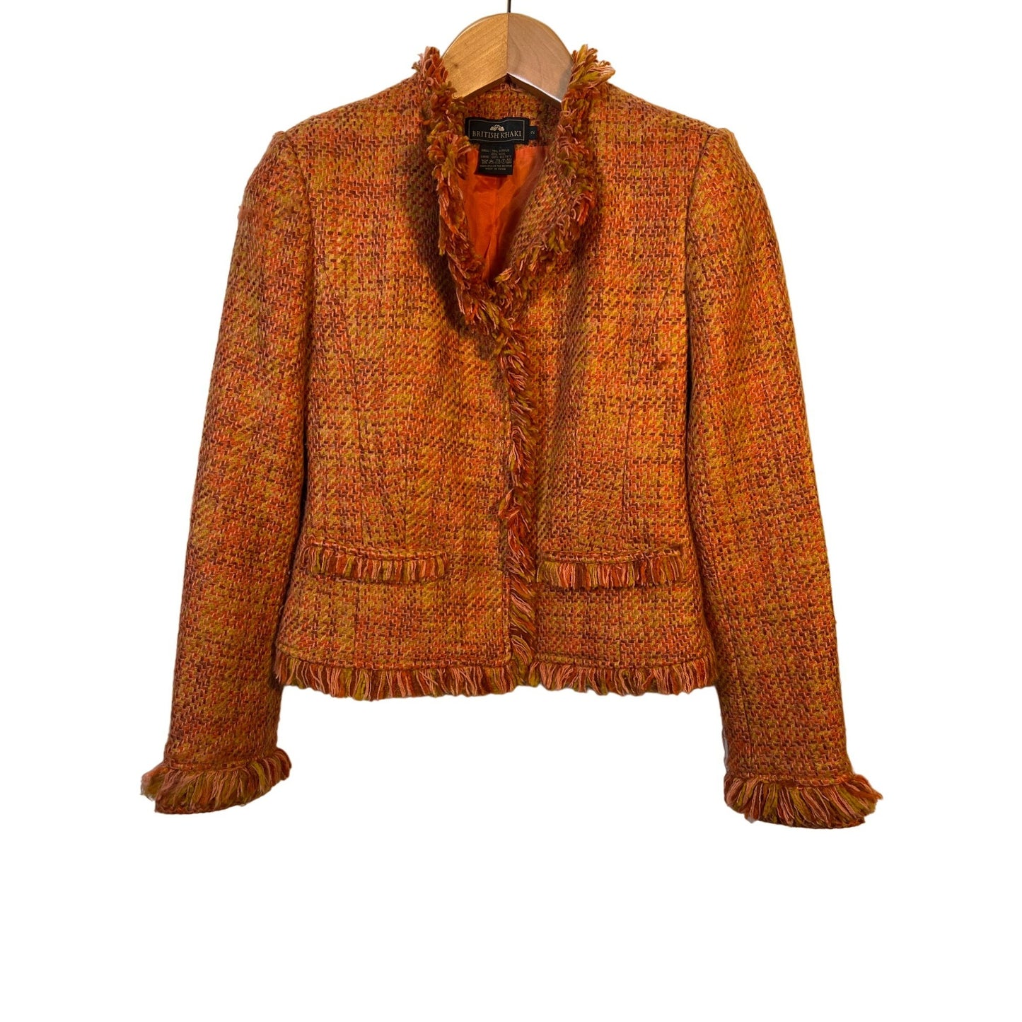 British Khaki Wool Blend Tweed Jacket Size 2 Orange Tweed Jacket Fringe Detail Pockets Multicolor Women's Fashion Acrylic Wool Blazer