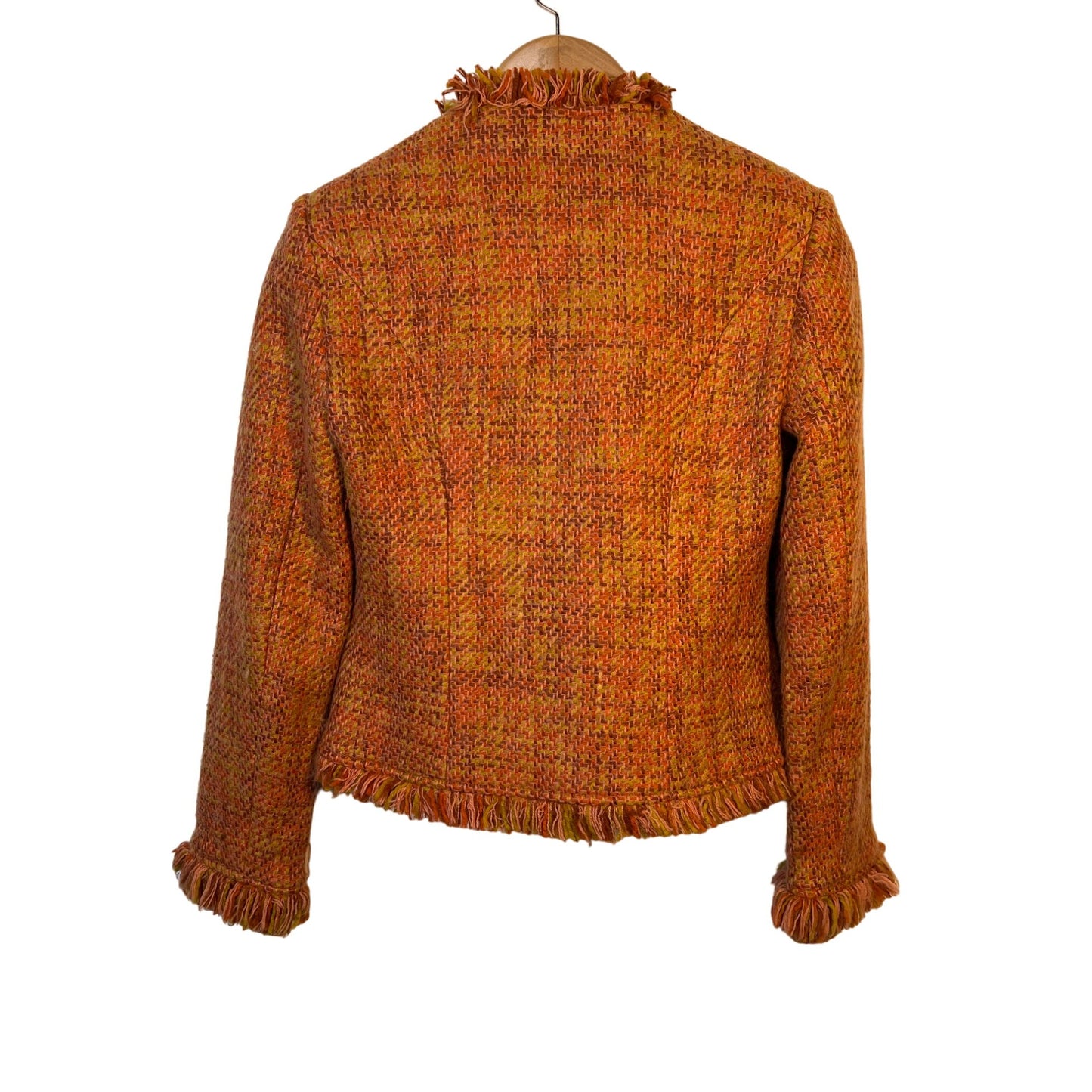 British Khaki Wool Blend Tweed Jacket Size 2 Orange Tweed Jacket Fringe Detail Pockets Multicolor Women's Fashion Acrylic Wool Blazer