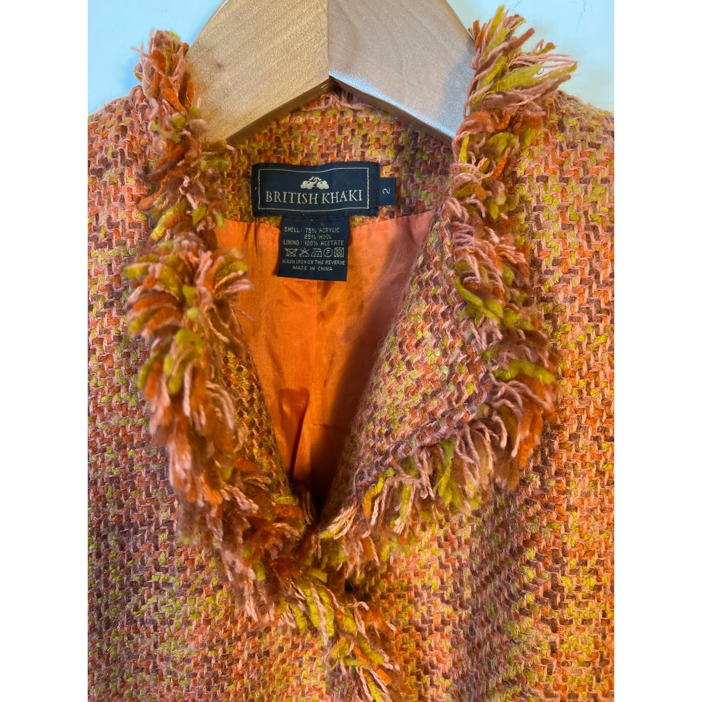 British Khaki Wool Blend Tweed Jacket Size 2 Orange Tweed Jacket Fringe Detail Pockets Multicolor Women's Fashion Acrylic Wool Blazer