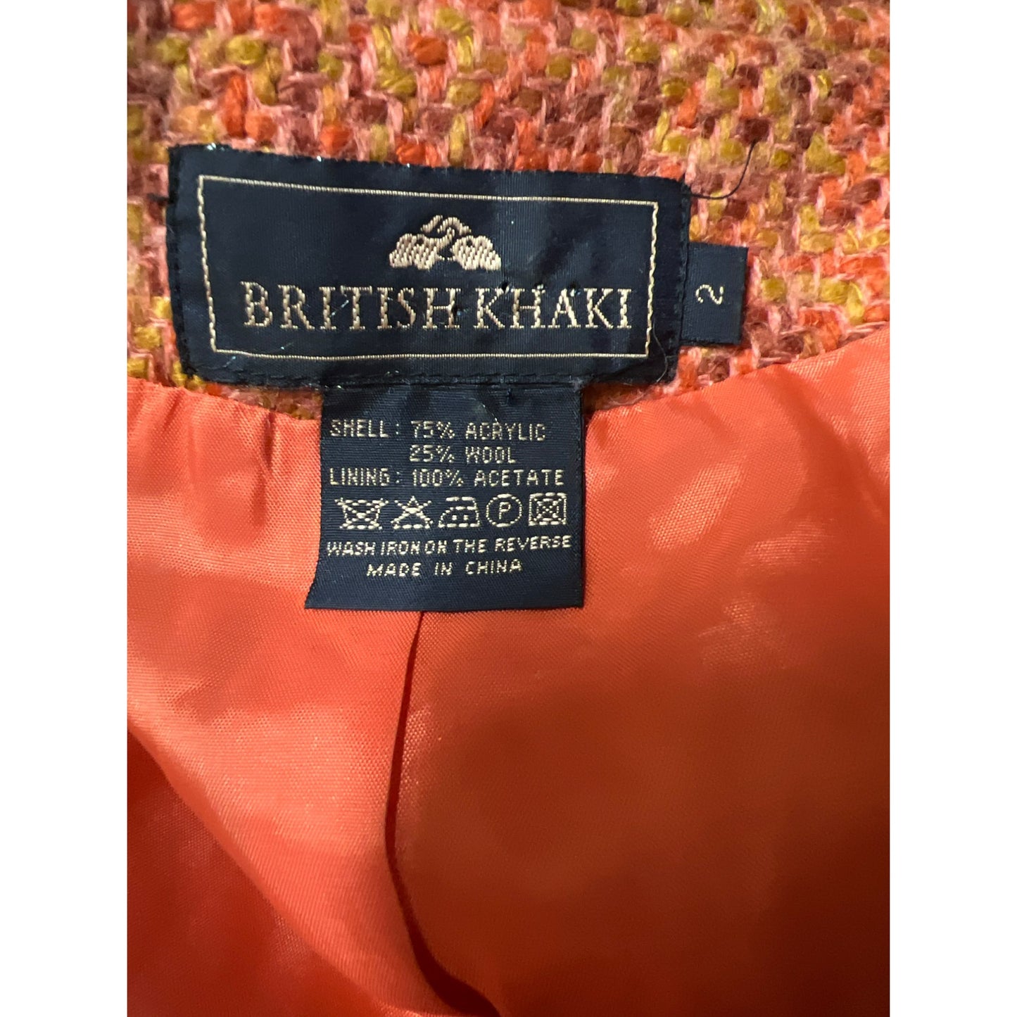 British Khaki Wool Blend Tweed Jacket Size 2 Orange Tweed Jacket Fringe Detail Pockets Multicolor Women's Fashion Acrylic Wool Blazer