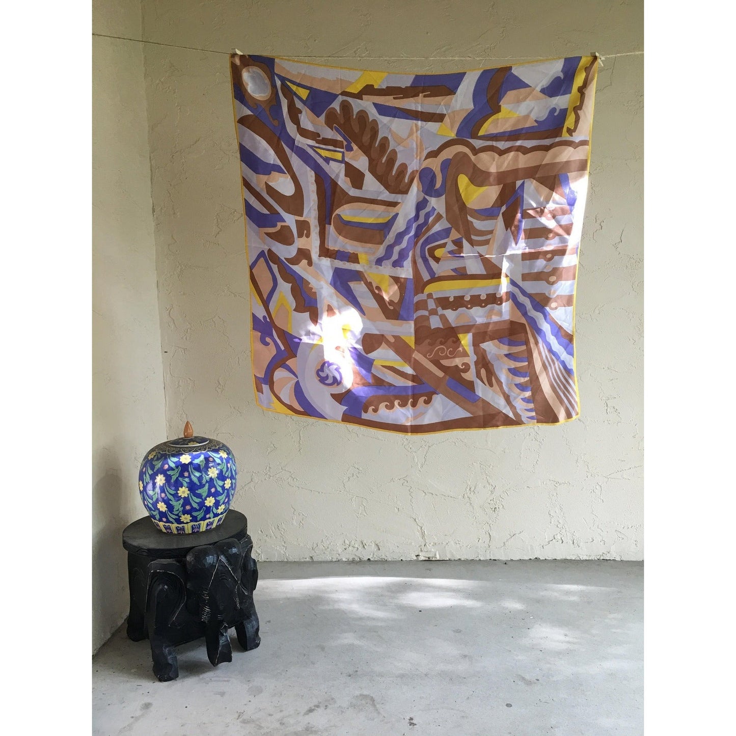 Vintage Hand-Rolled Silk Scarf With Abstract Patterns In Brown Blue Yellow