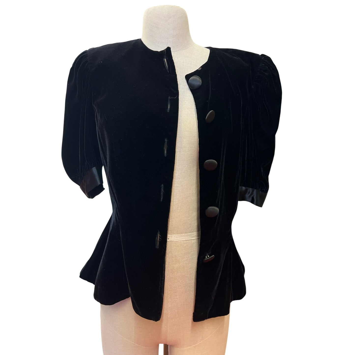 Vintage Dépeche Mode Womens Black Velvet Puff Sleeve Buttoned Blouse Jacket Coat Made In Korea