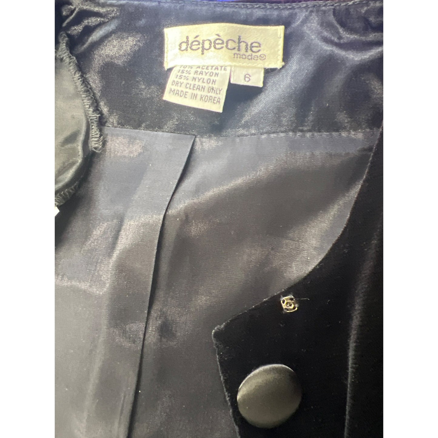 Vintage Dépeche Mode Womens Black Velvet Puff Sleeve Buttoned Blouse Jacket Coat Made In Korea