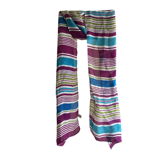 Striped Oblong Scarf In Purple Green Blue White 11x59 Inches Long Lightweight Fabric By Susan Daniels