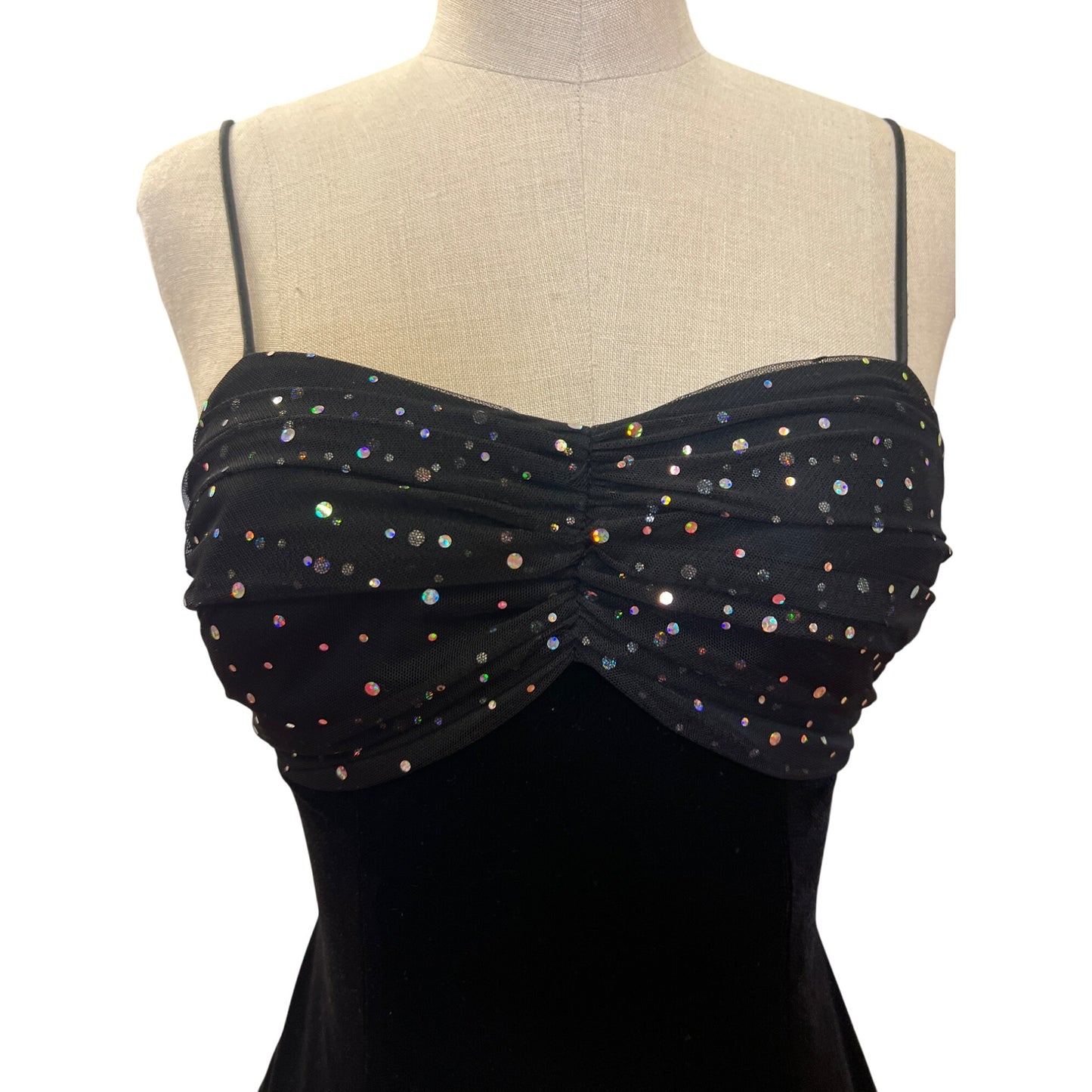 Vintage Blondie Nites by Linda Bernell Black Velvet Spaghetti Strap Dress Sparkling Top Short Prom LBD Homecoming Dress