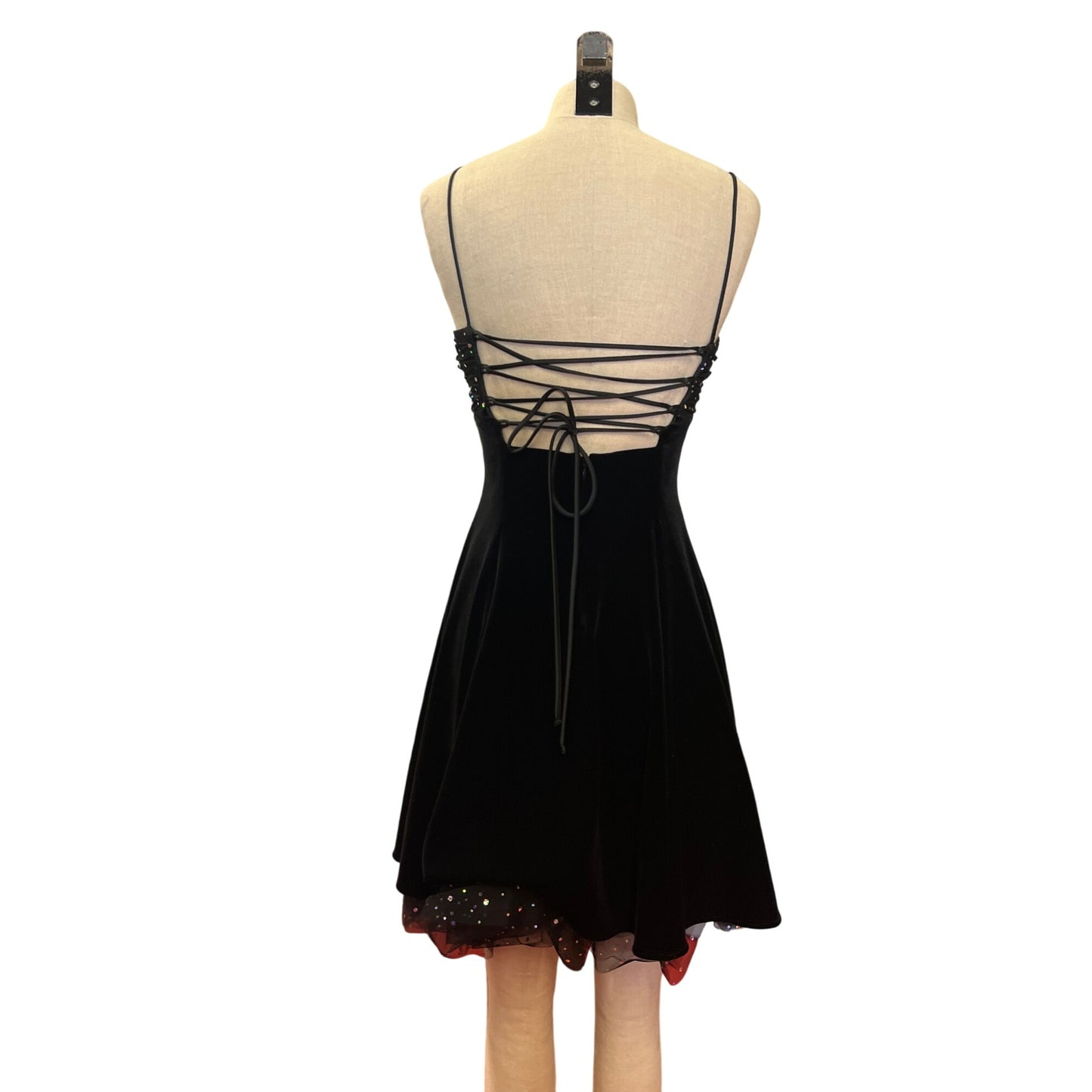 Vintage Blondie Nites by Linda Bernell Black Velvet Spaghetti Strap Dress Sparkling Top Short Prom LBD Homecoming Dress
